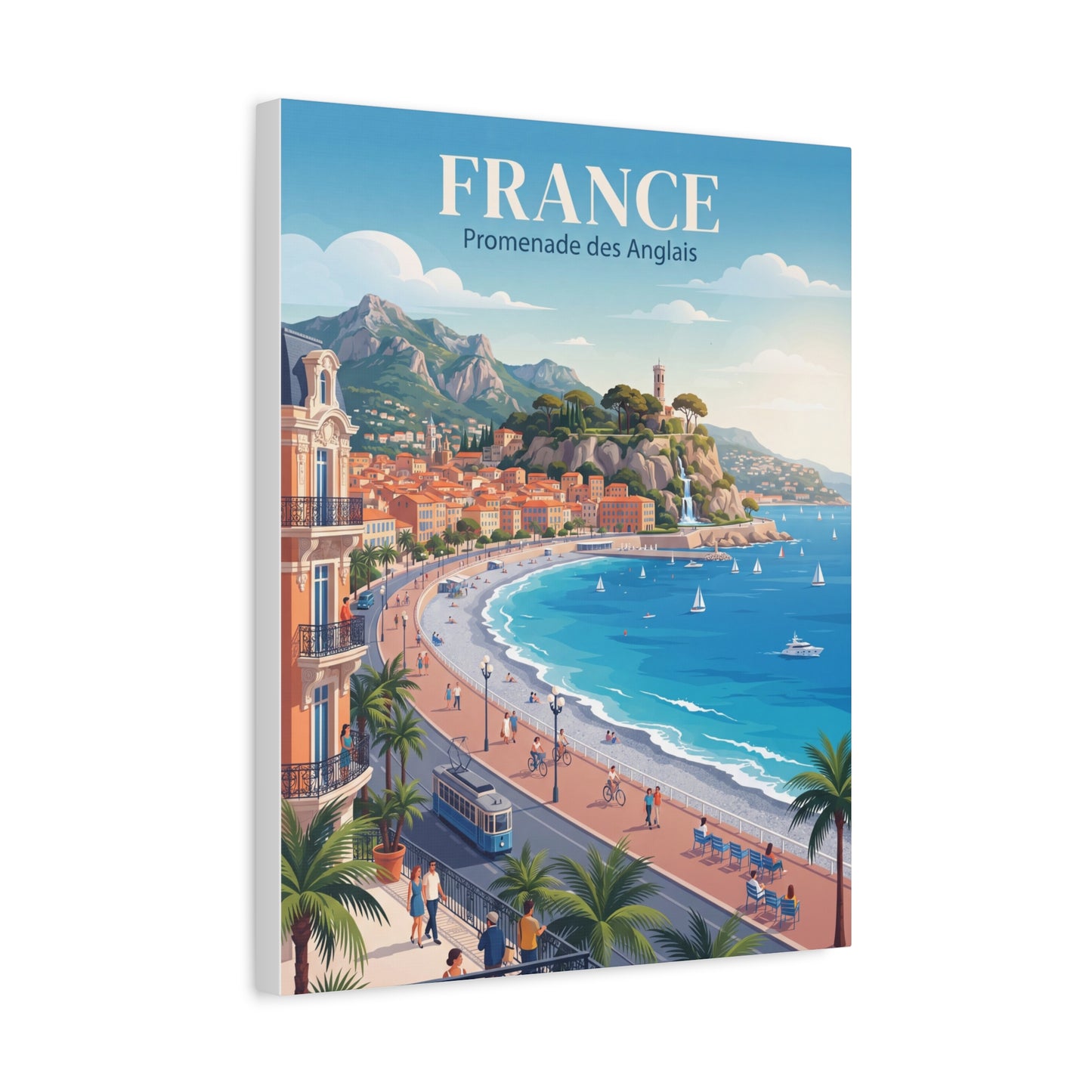 Vertical matte canvas wall art titled "FRANCE" with a bright seaside promenade and ocean waves.