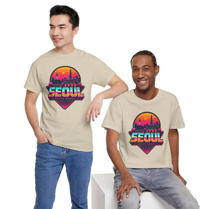 Natural beige T-shirt with Seoul sunset city heart graphic, crew neck