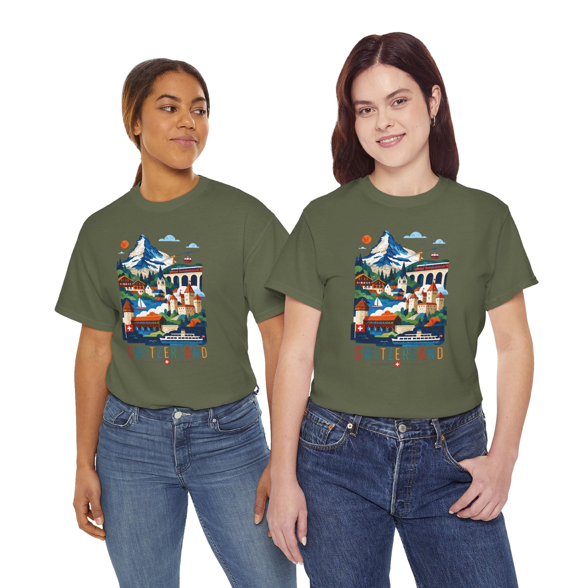 Dark green crew-neck T-shirt with colorful Switzerland village graphic on front