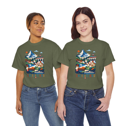 Dark green crew-neck T-shirt with colorful Switzerland village graphic on front