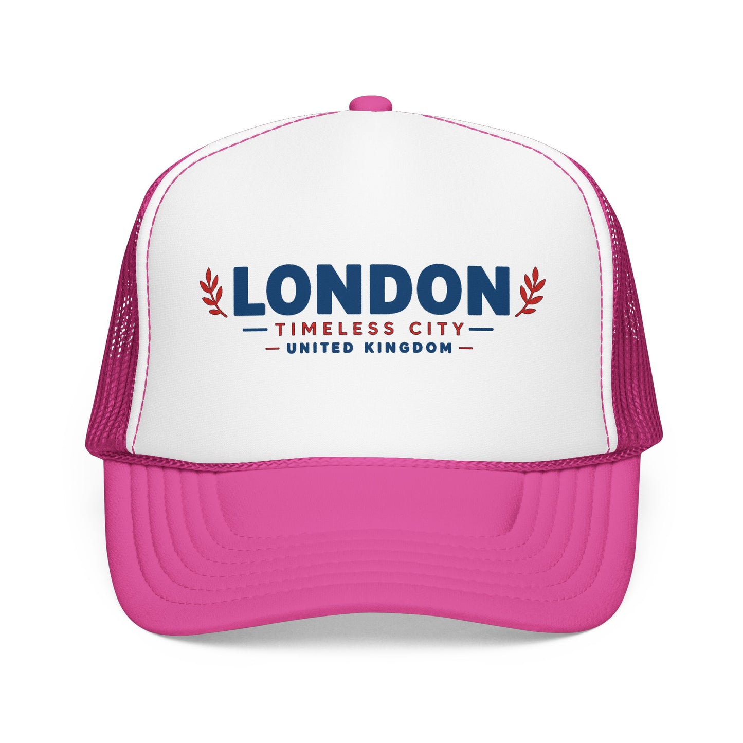 Two-tone foam trucker hat with London logo, white crown and hot pink mesh sides, pink bill.