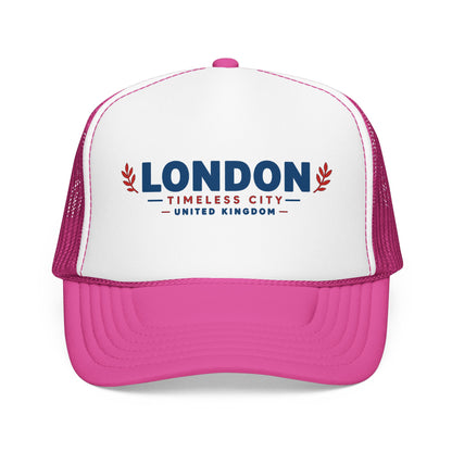 Two-tone foam trucker hat with London logo, white crown and hot pink mesh sides, pink bill.