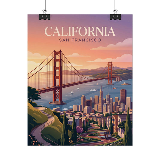 San Francisco California poster featuring Golden Gate Bridge and city skyline at sunset