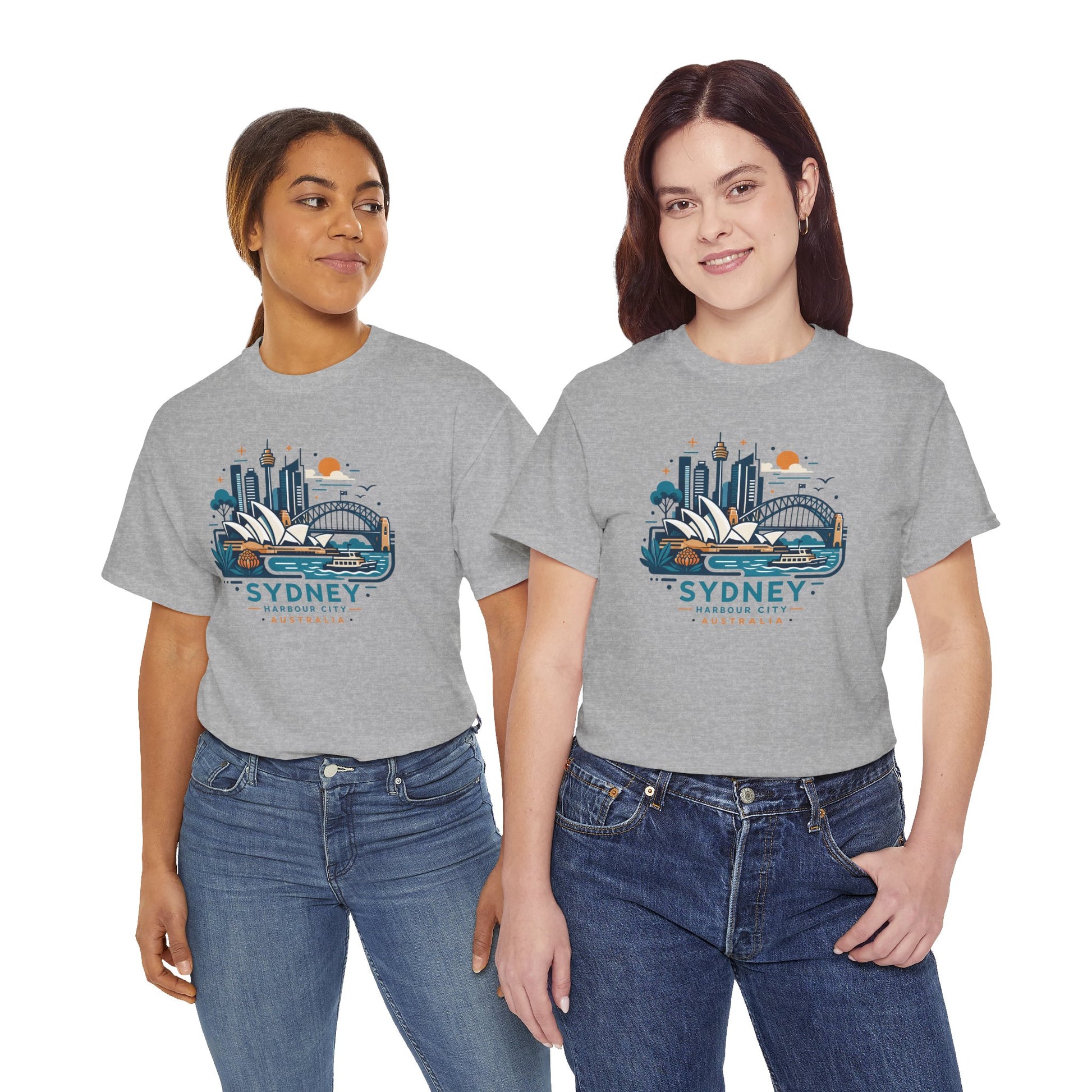 Light gray Sydney cityscape T-shirt with colorful skyline graphic, crew neck, short sleeves.