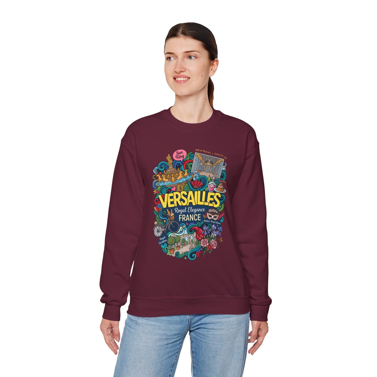 Maroon crewneck sweatshirt with colorful Versailles illustrated graphic on the front