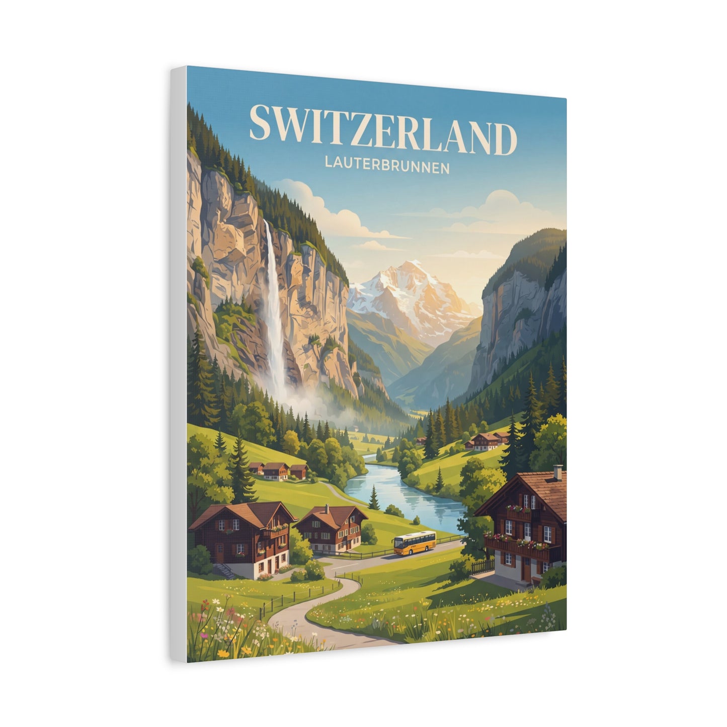 Switzerland Lauterbrunnen matte canvas wall art with alpine valley river and houses