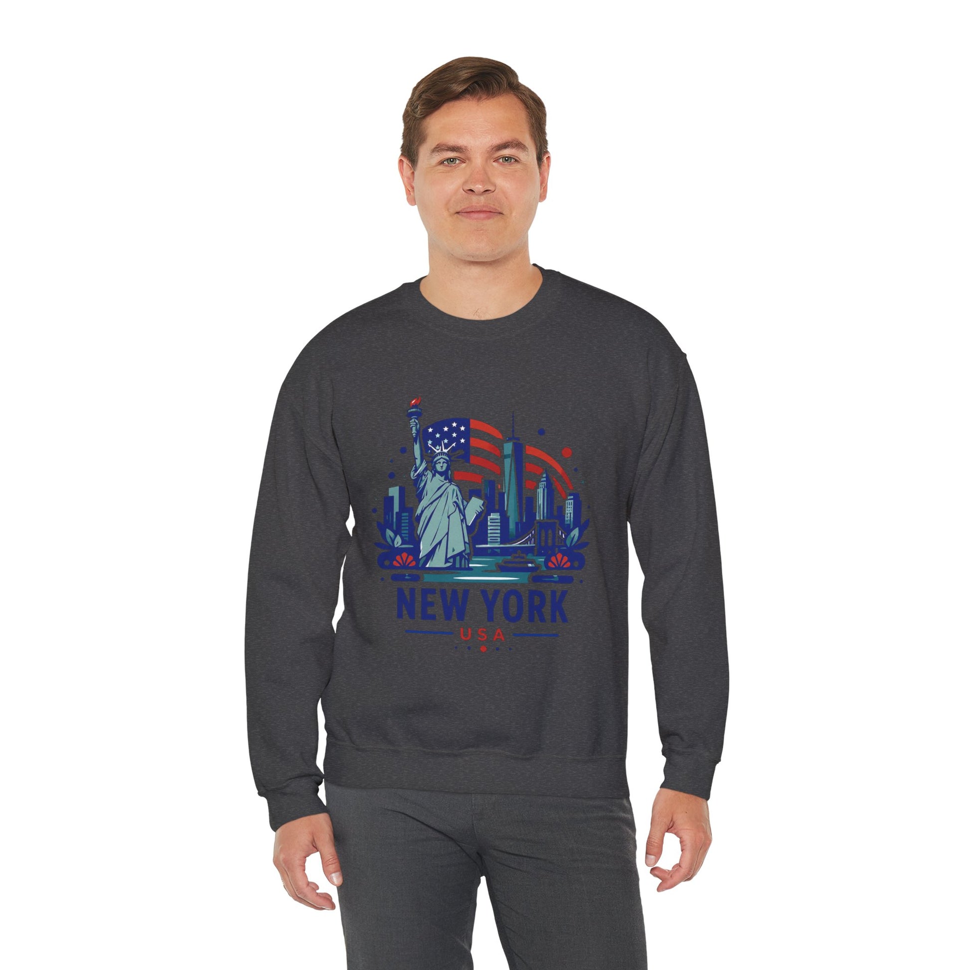 Black crewneck sweatshirt with New York USA skyline graphic