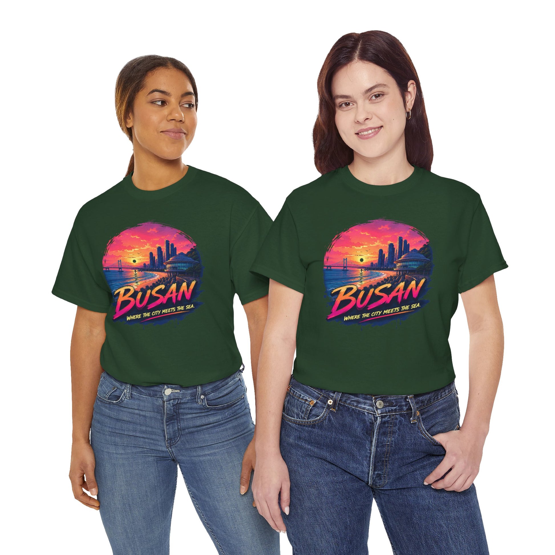 Dark green crew-neck T-shirt with Busan sunset city graphic on the chest.