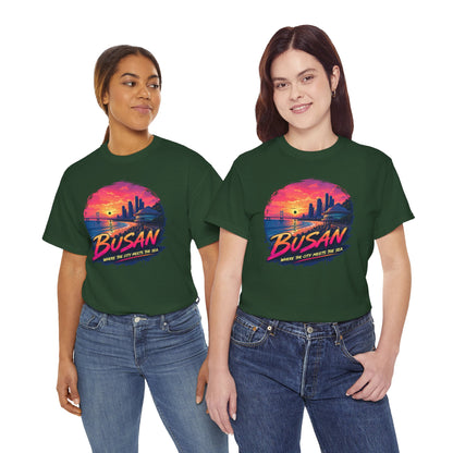 Dark green crew-neck T-shirt with Busan sunset city graphic on the chest.