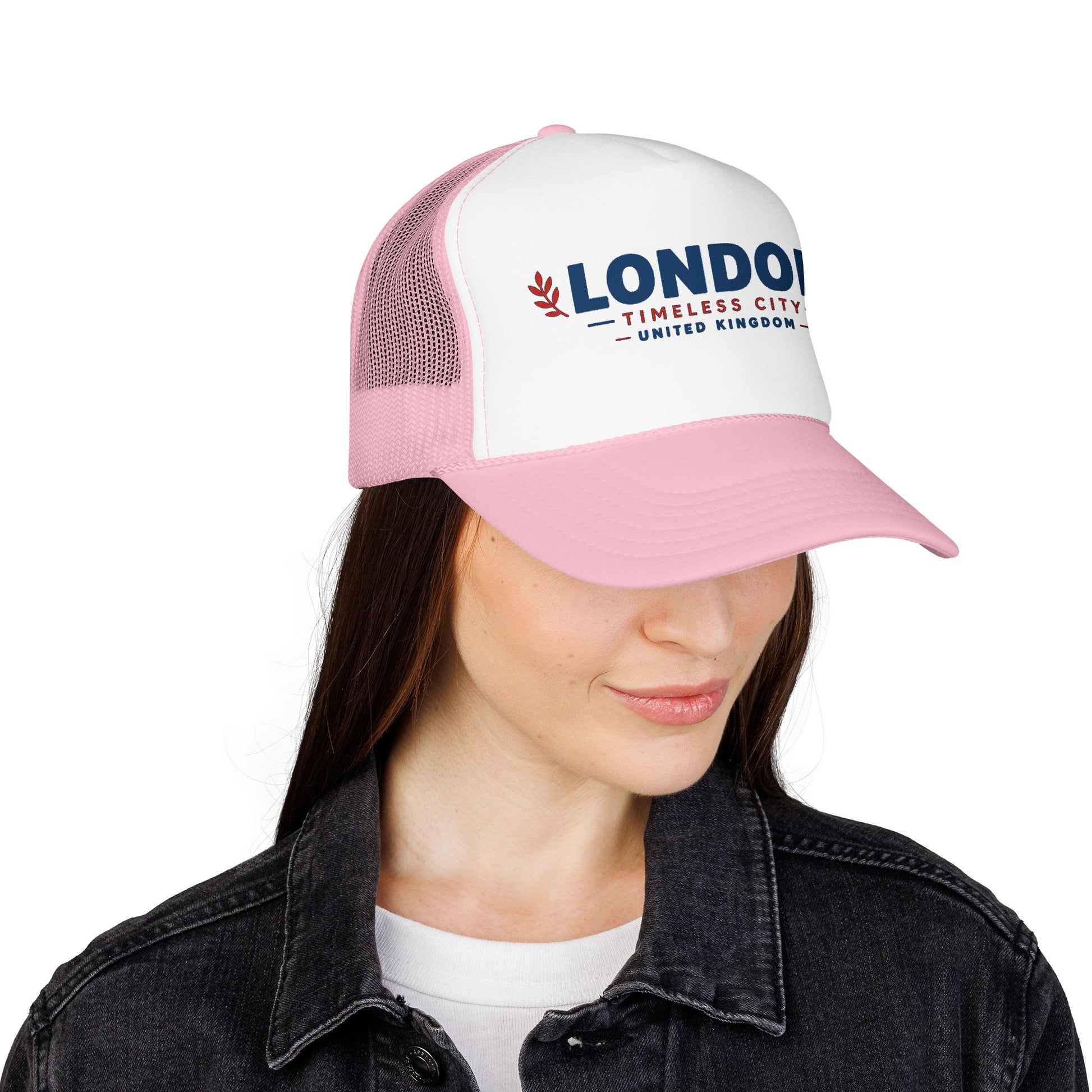 London Timbers trucker hat with white front, pink mesh panels, and LONDON logo.