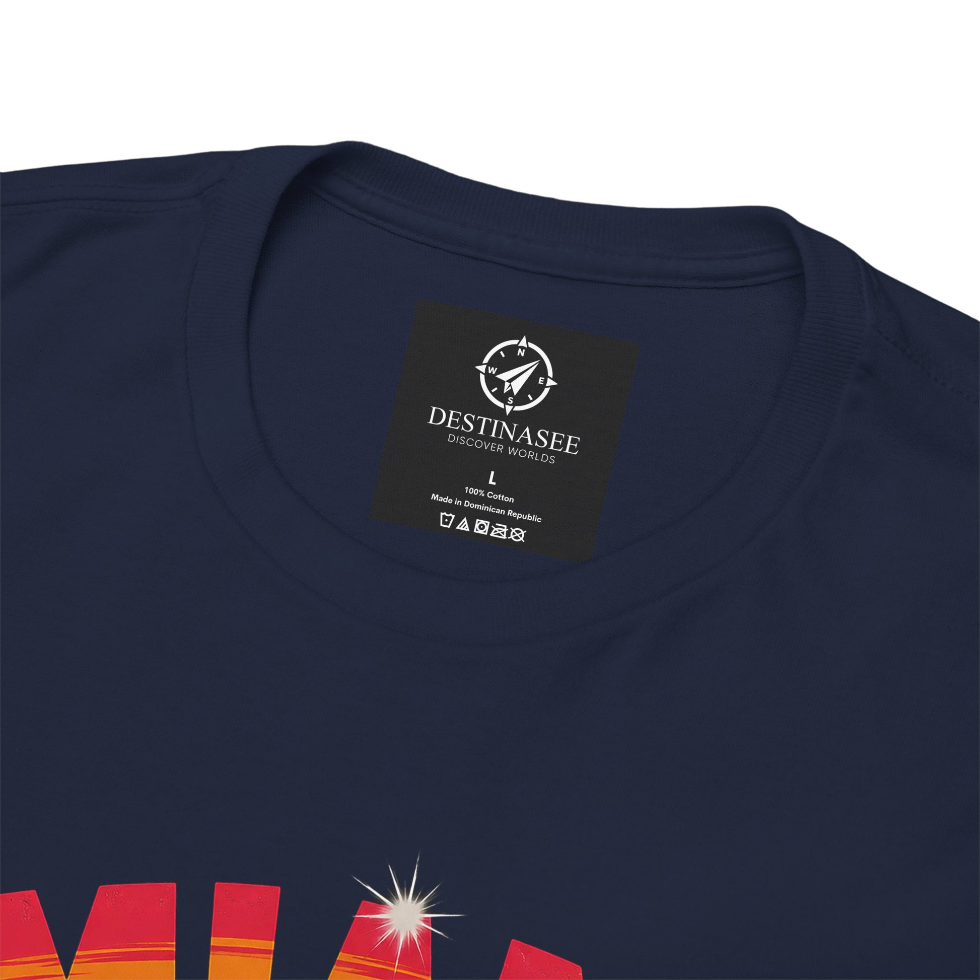 Navy crew-neck T-shirt with neck label and partial graphic print
