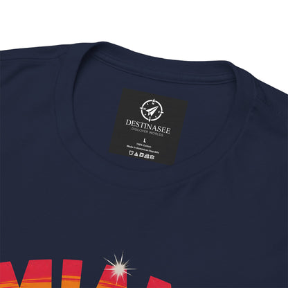Navy crew-neck T-shirt with neck label and partial graphic print