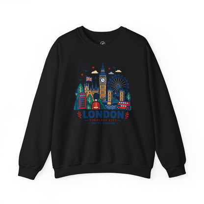 Black crewneck sweatshirt with colorful London skyline graphic on the front