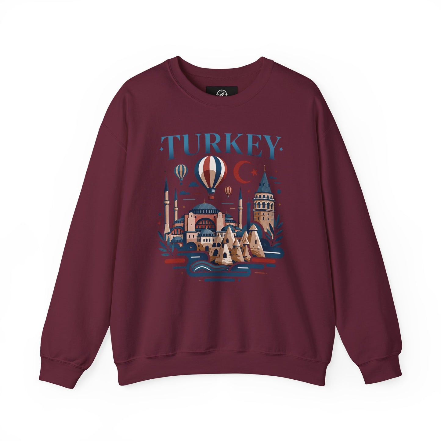 Maroon crewneck sweatshirt with Turkey skyline graphic on the front