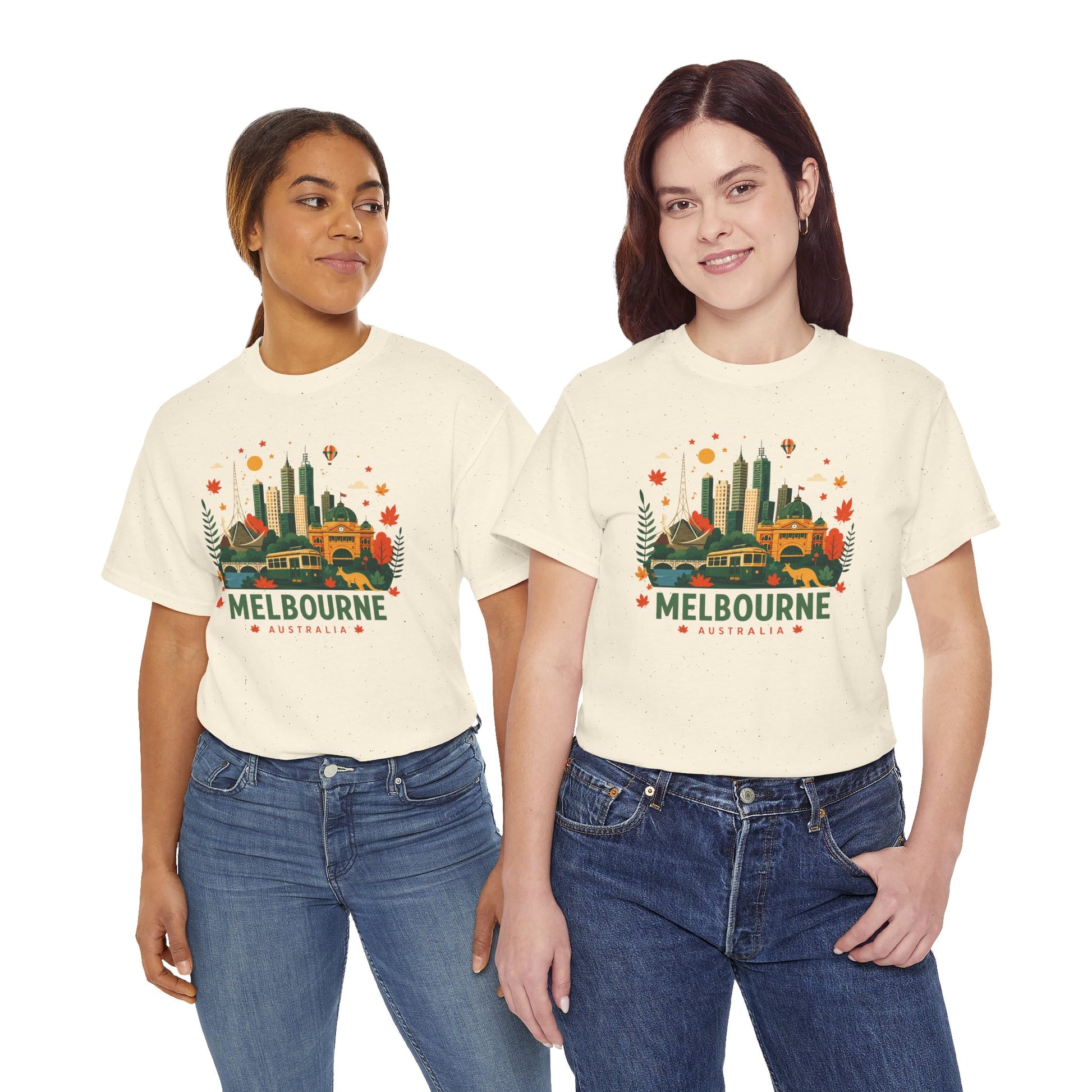 Natural cream T-shirt with colorful Melbourne skyline graphic on the front