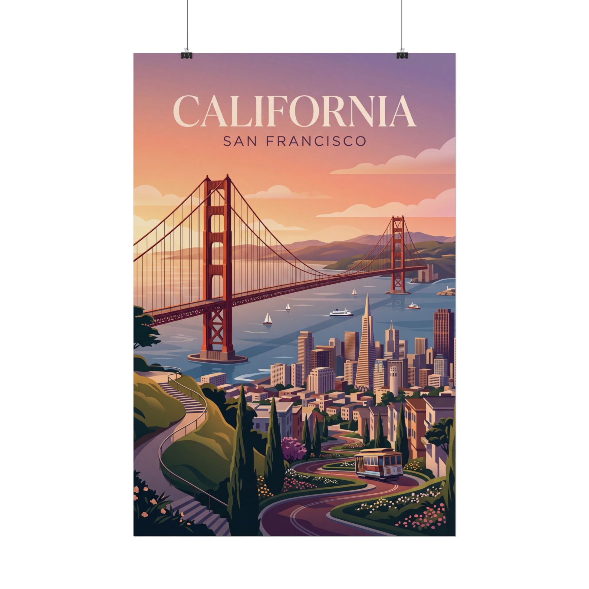 Travel poster with Golden Gate Bridge and San Francisco skyline in purple sunset colors