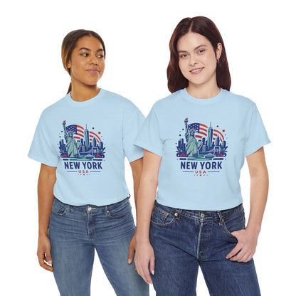 Light blue T-shirt with 'NEW YORK USA' Statue graphic, worn by two women.