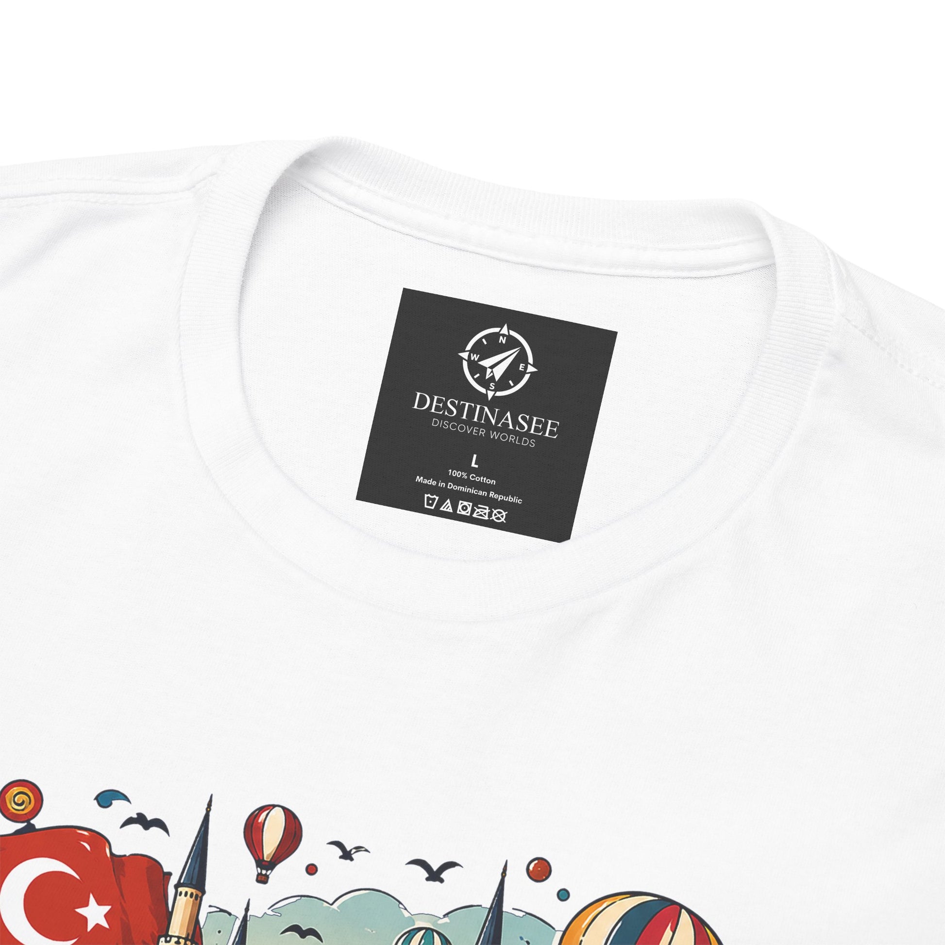 White crew-neck T-shirt with black neck label and partial Turkey graphic