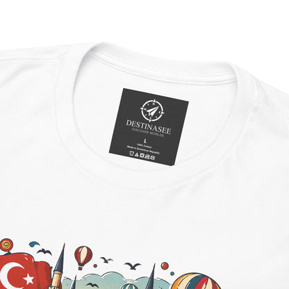 White crew-neck T-shirt with black neck label and partial Turkey graphic