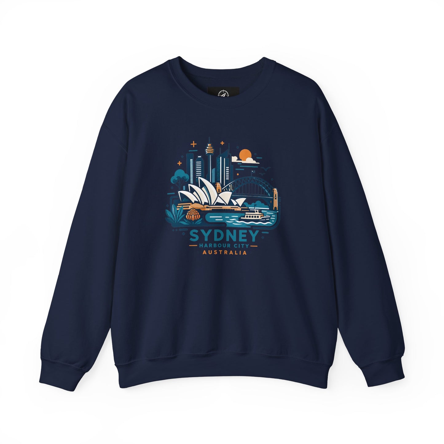 Dark navy crewneck sweatshirt with colorful Sydney harbor city graphic on chest