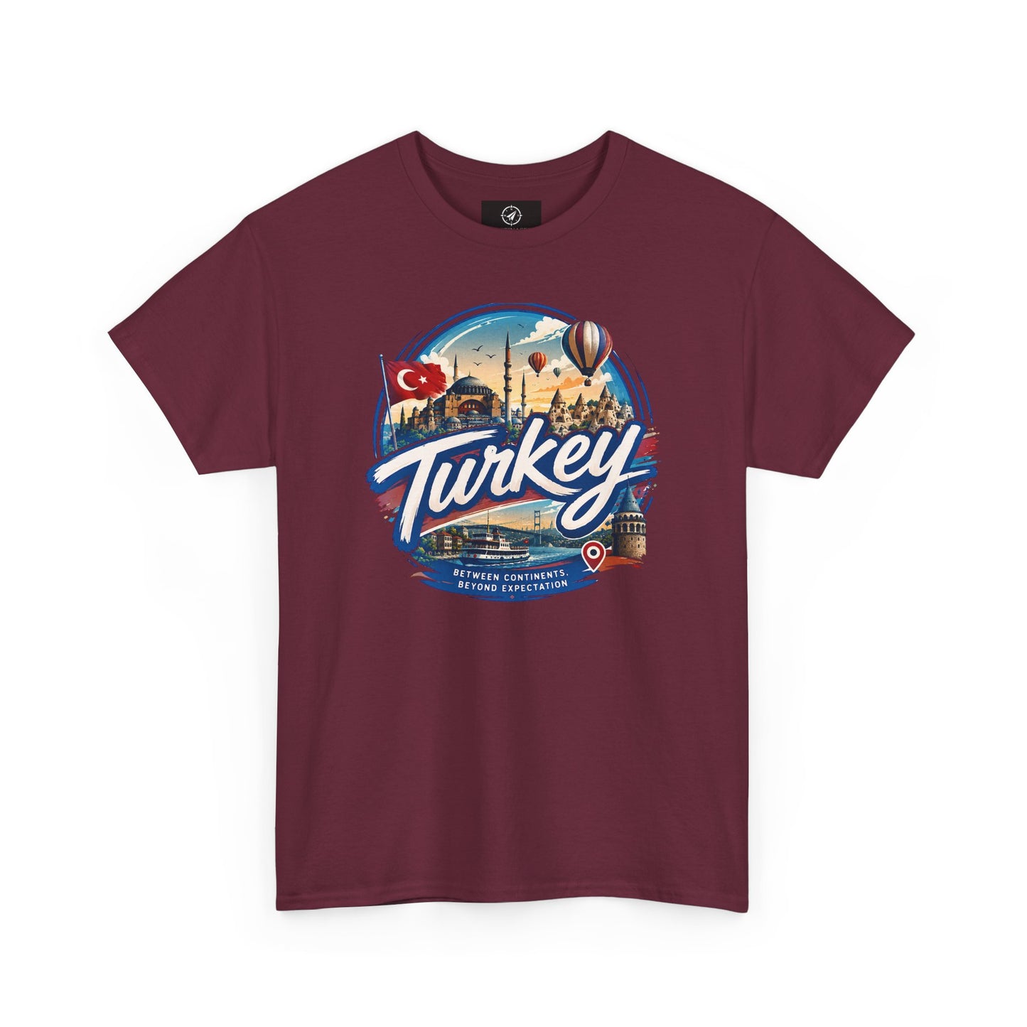 Maroon cotton T-shirt with Turkey travel graphic on front