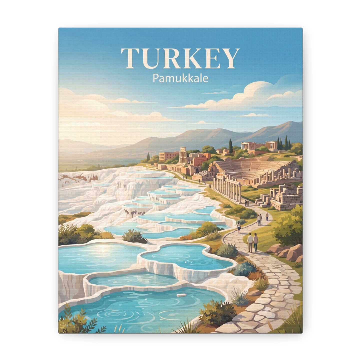 Matte canvas wall art titled Turkey Pamukkale with blue mineral pools and walkway.