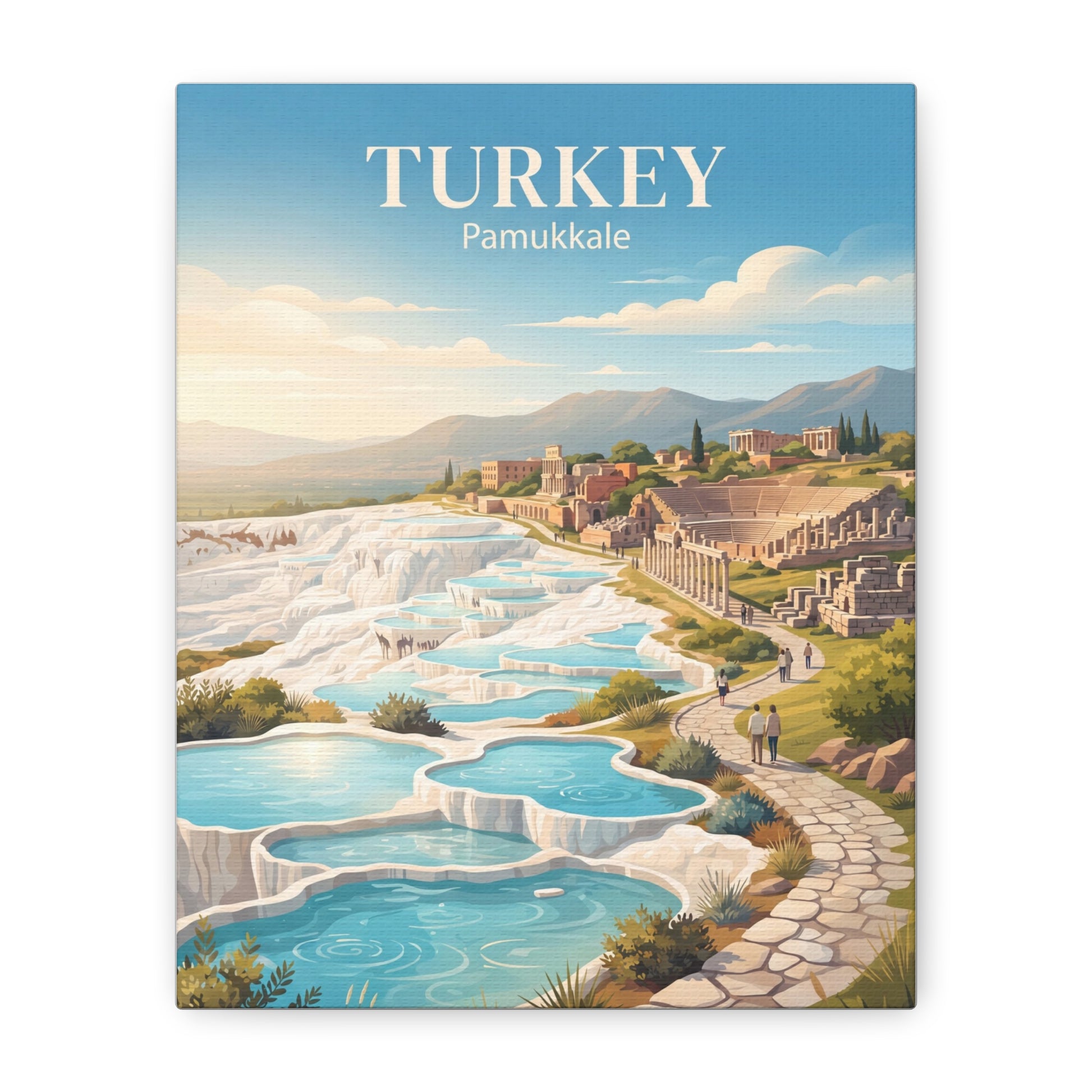 Matte canvas wall art titled Turkey Pamukkale with blue mineral pools and walkway.
