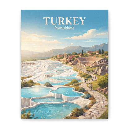 Matte canvas wall art titled Turkey Pamukkale with blue mineral pools and walkway.
