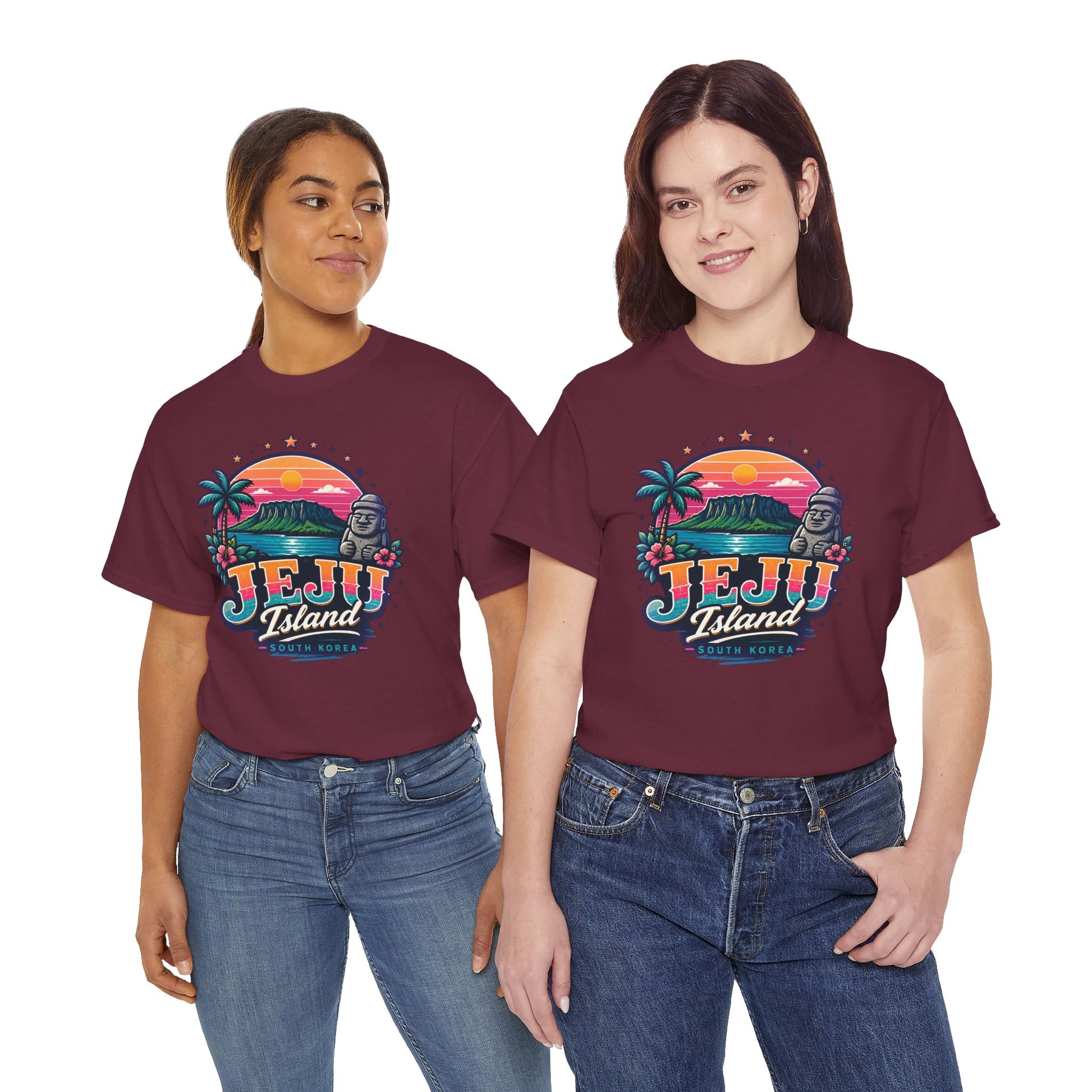 Maroon crewneck T-shirt with colorful Jeju Island sunset graphic front