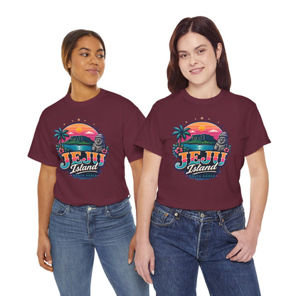 Maroon crewneck T-shirt with colorful Jeju Island sunset graphic front