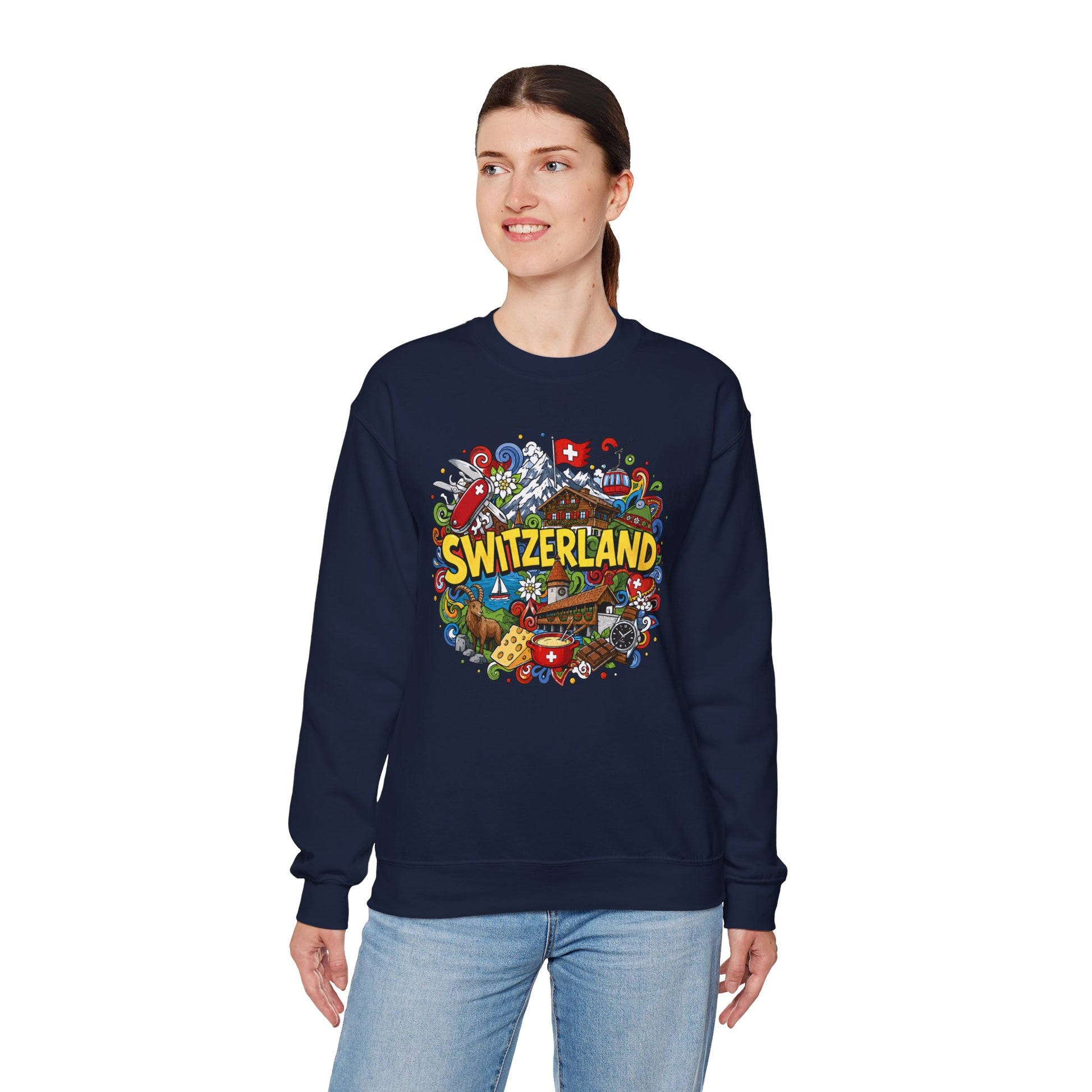 Navy sweatshirt with colorful Switzerland graphic print across the chest