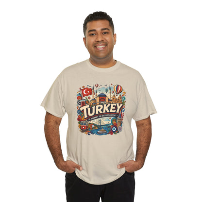Beige crew-neck T-shirt with colorful Turkey graphic print on the chest