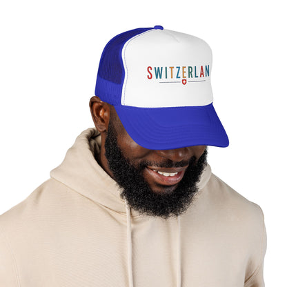 Foam trucker cap with Switzerland logo, white front and royal blue mesh back