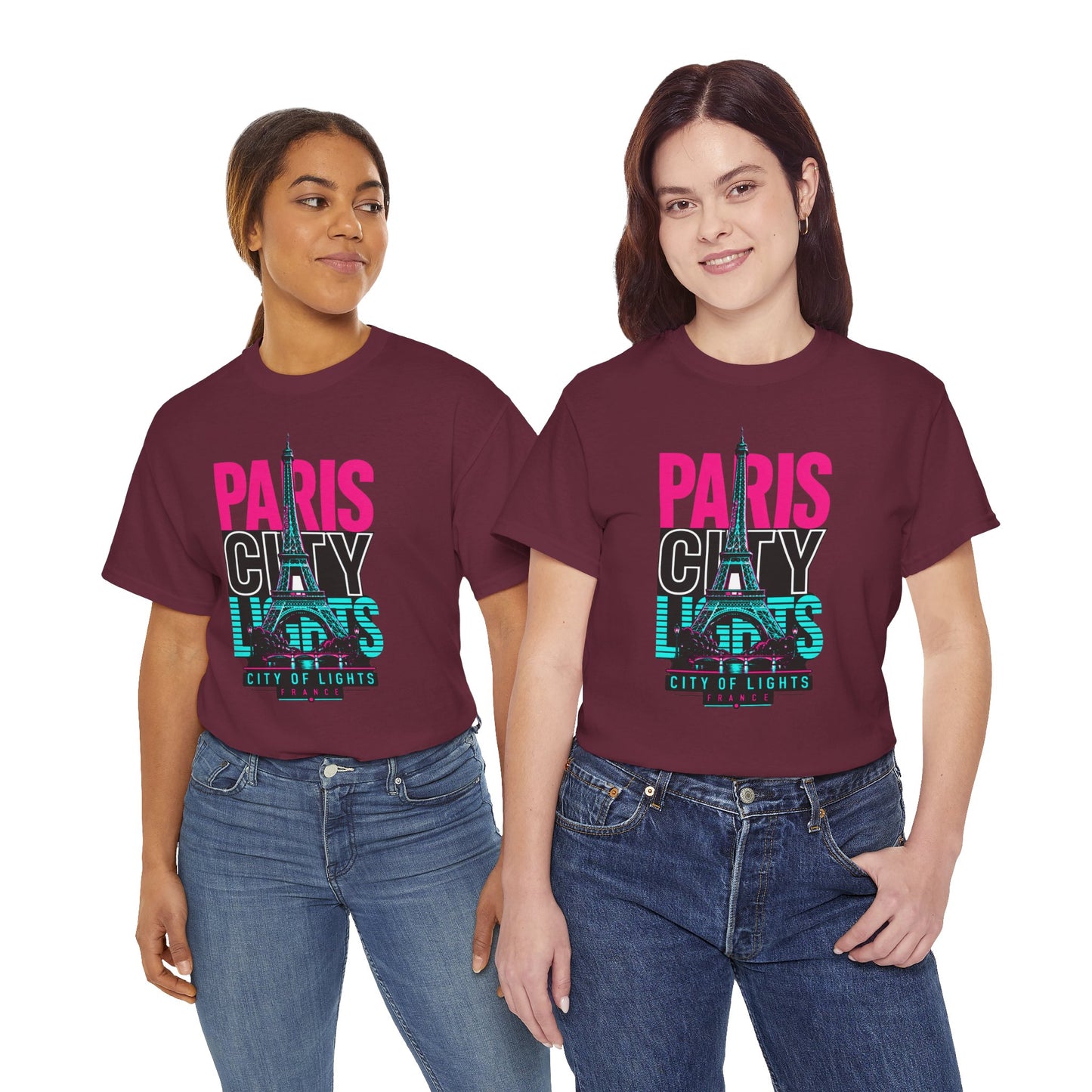 Maroon crewneck t-shirt with colorful “PARIS CITY” neon Eiffel Tower graphic