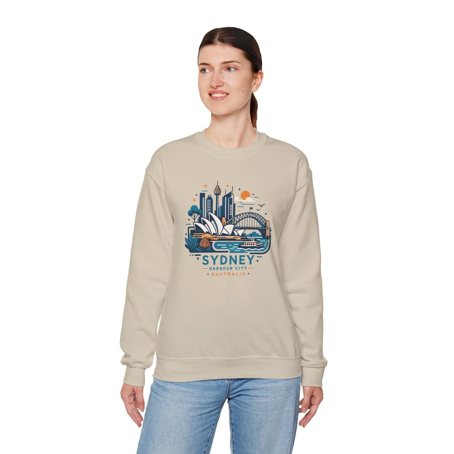 Light beige crewneck sweatshirt with front Sydney harbor graphic print