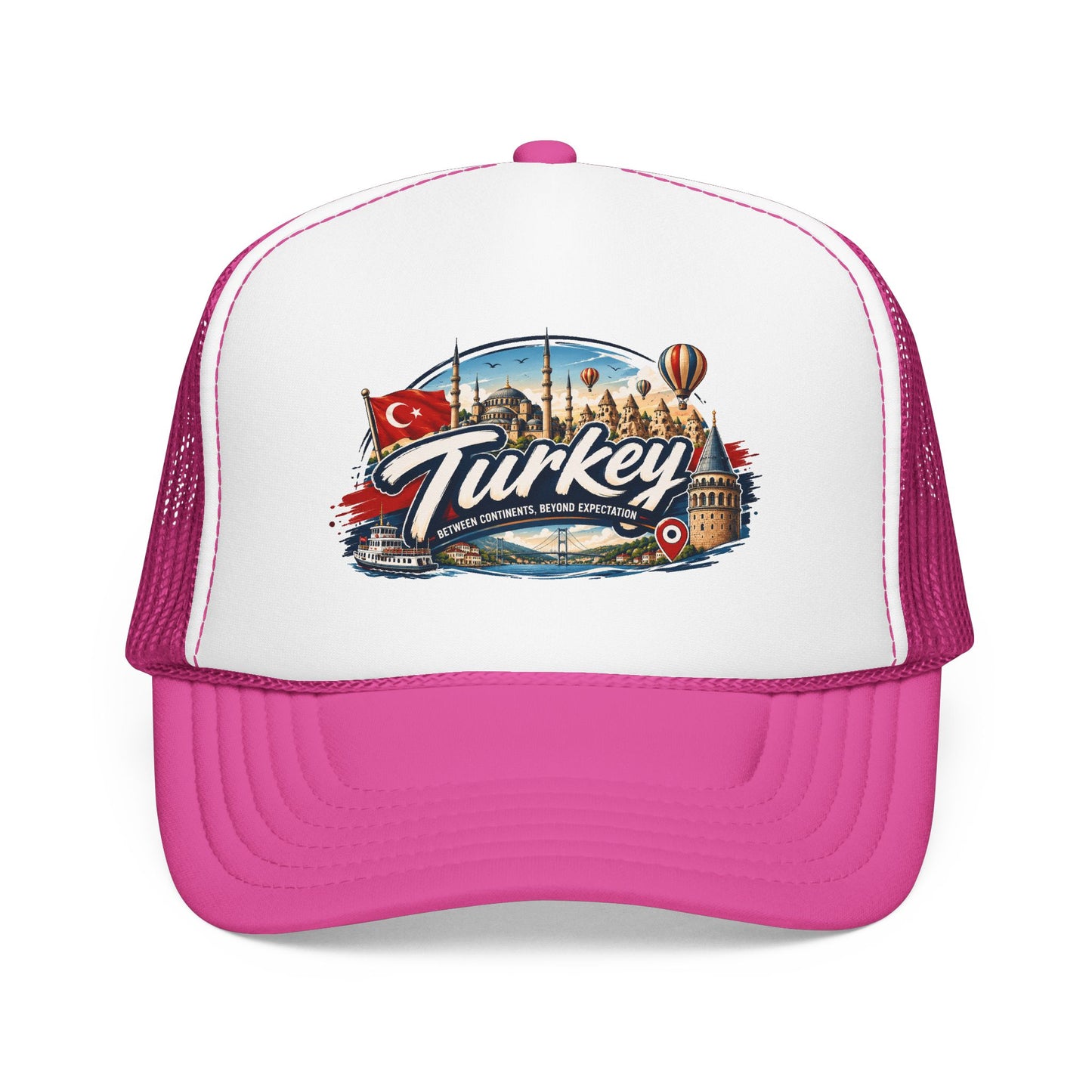 White and pink trucker hat with pink mesh sides and Turkey travel graphic on front