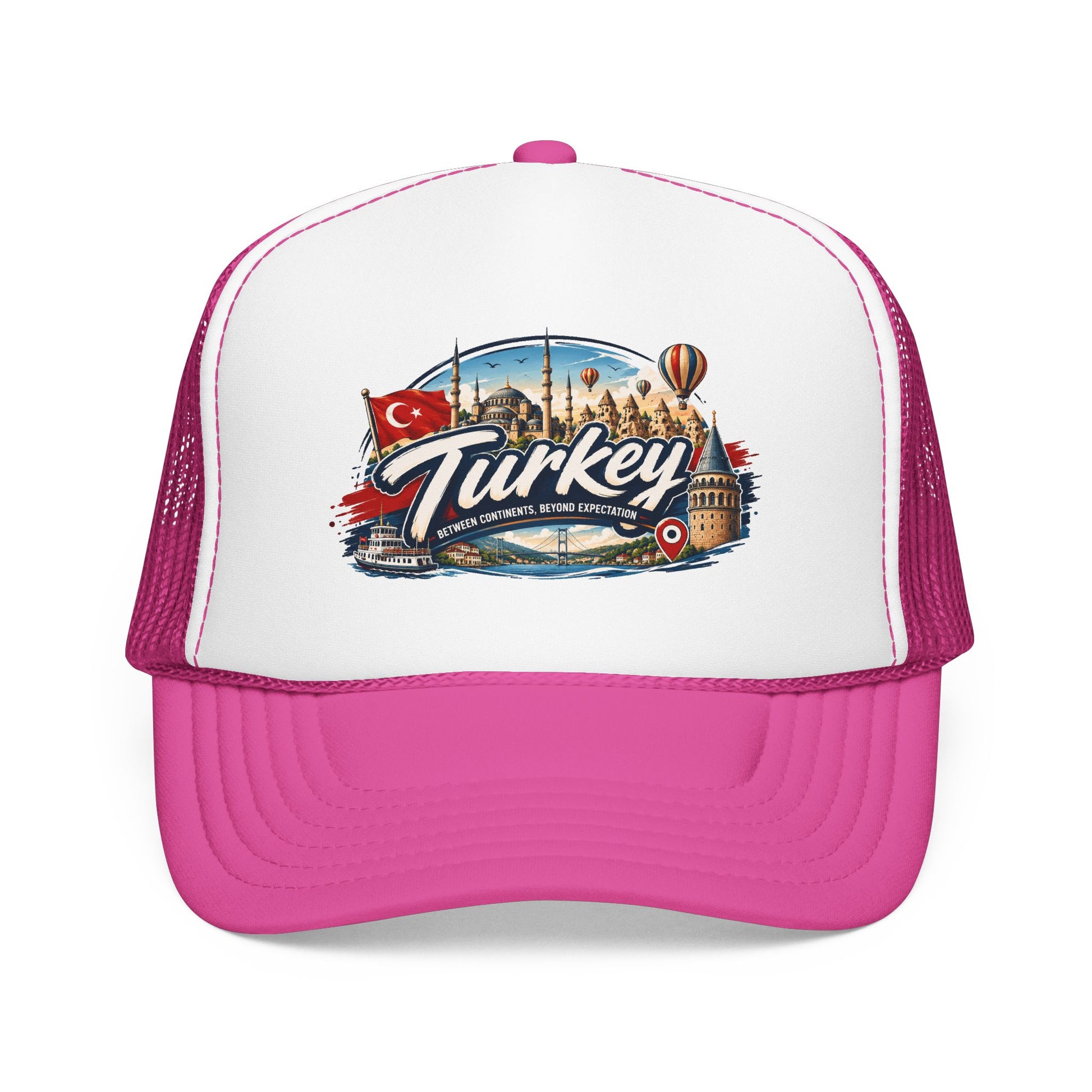 White and pink trucker hat with pink mesh sides and Turkey travel graphic on front