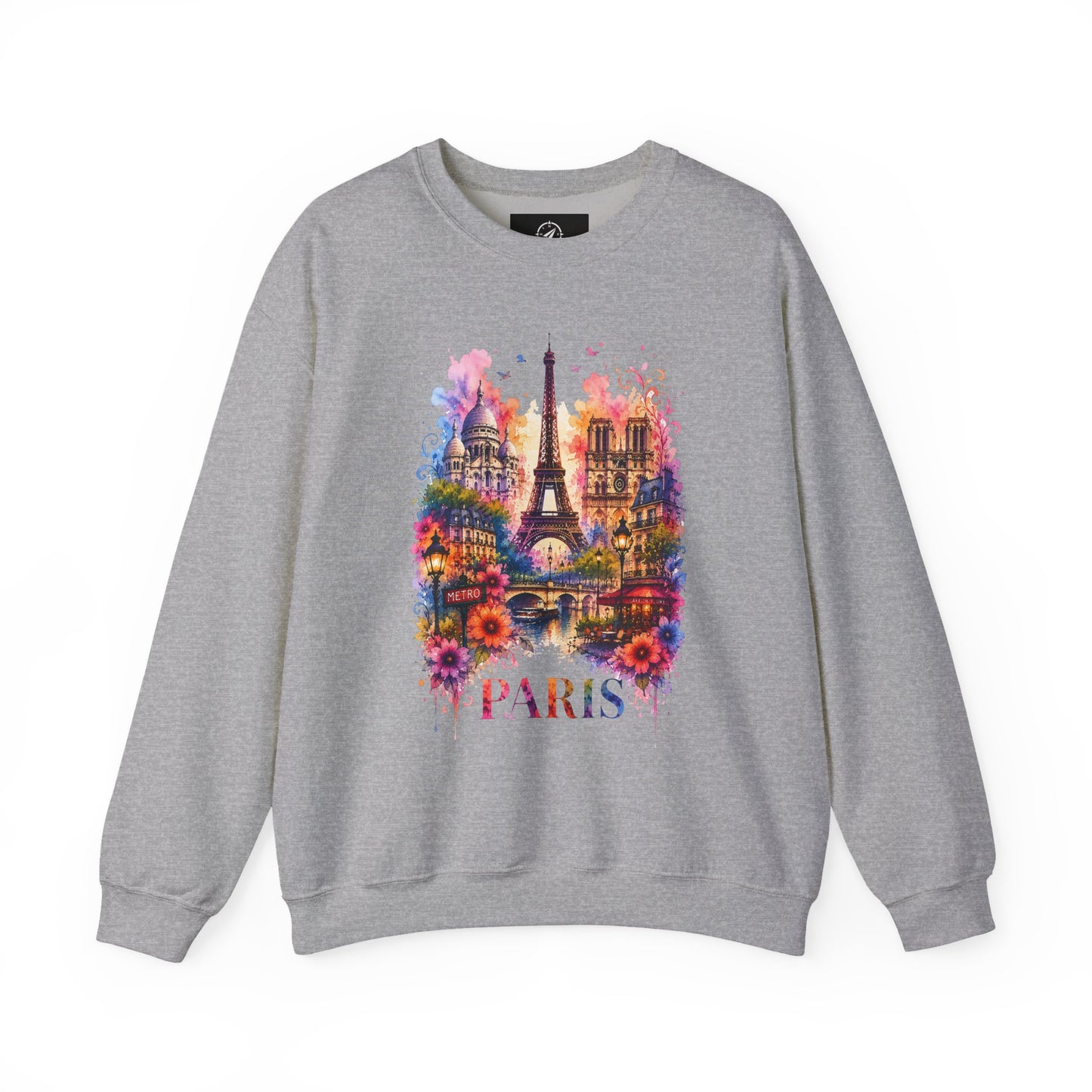 Gray heather crewneck sweatshirt with colorful Eiffel Tower floral graphic and "PARIS"