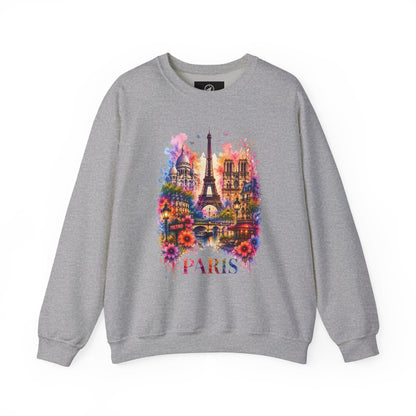 Gray heather crewneck sweatshirt with colorful Eiffel Tower floral graphic and "PARIS"