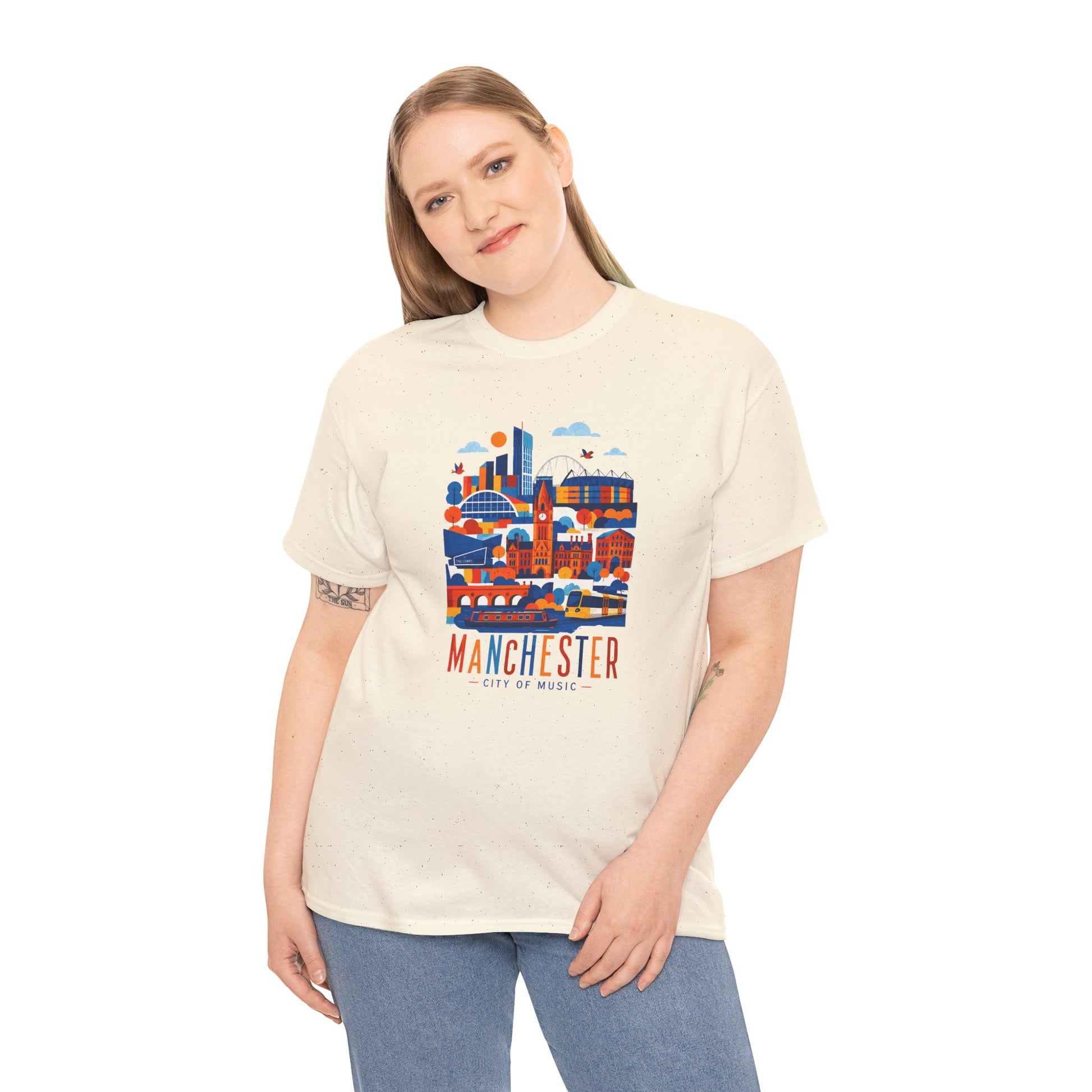 Natural crewneck t-shirt with centered colorful Manchester skyline print