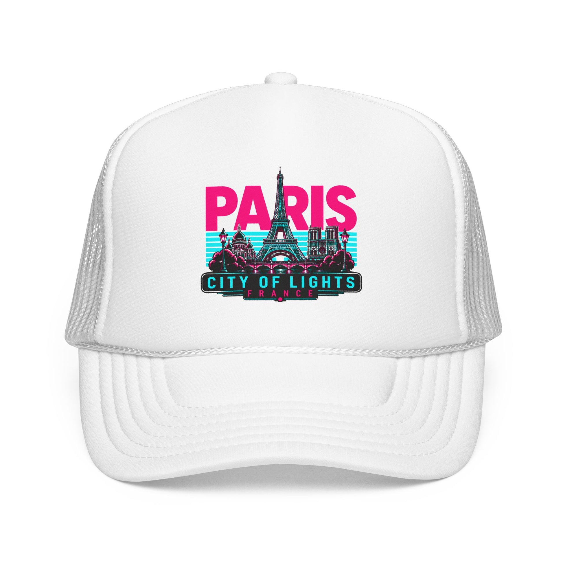 White trucker hat with white mesh sides and Paris City of Lights graphic, curved brim.
