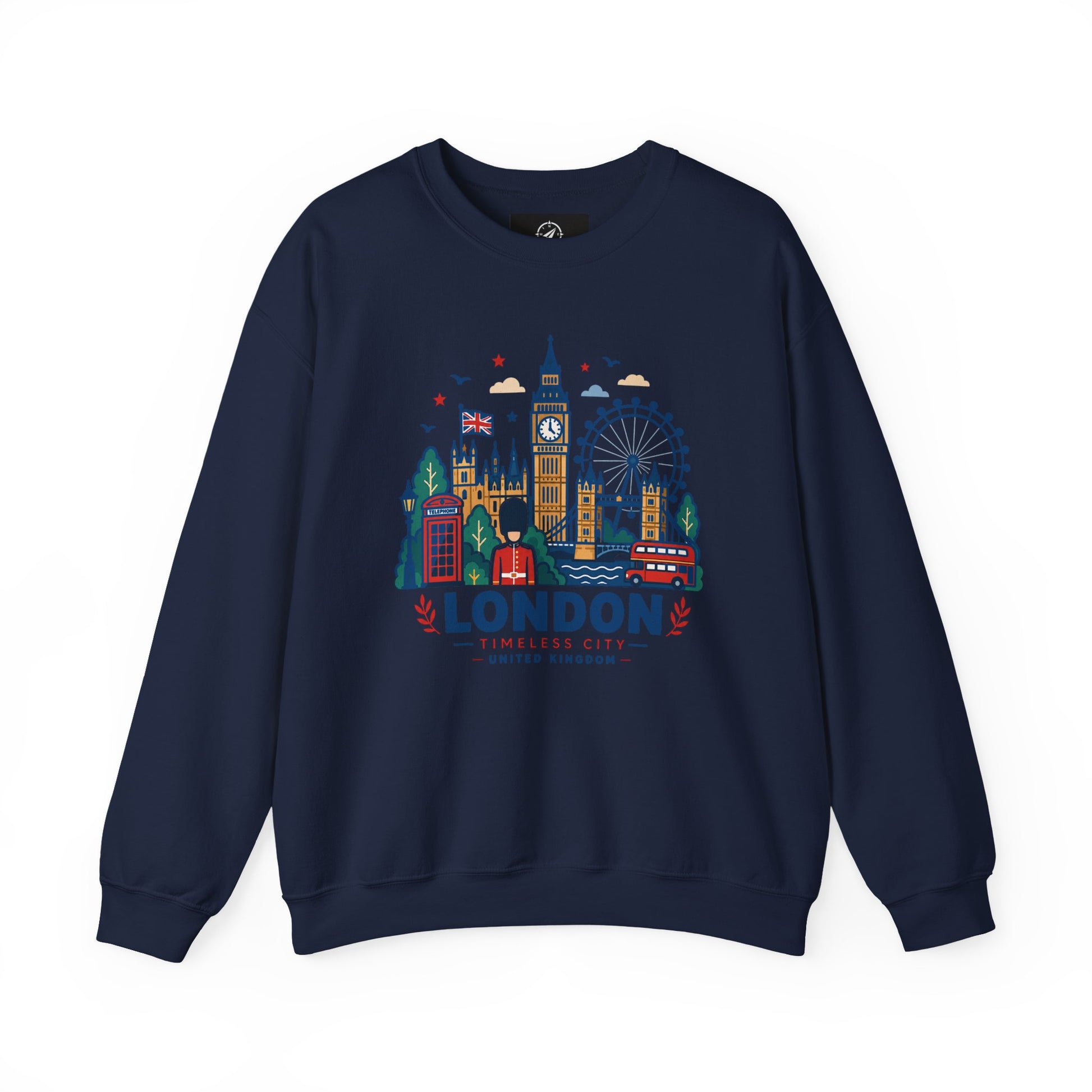 Navy crewneck sweatshirt with colorful London skyline graphic on chest