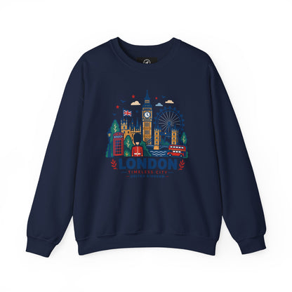 Navy crewneck sweatshirt with colorful London skyline graphic on chest