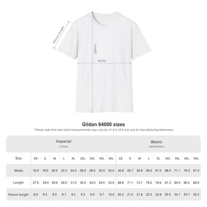 Size chart graphic for T-shirt, listing lengths and widths for multiple sizes.