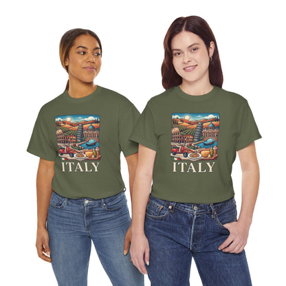 Green short-sleeve crewneck graphic T-shirt with colorful Italy scene and “ITALY” text