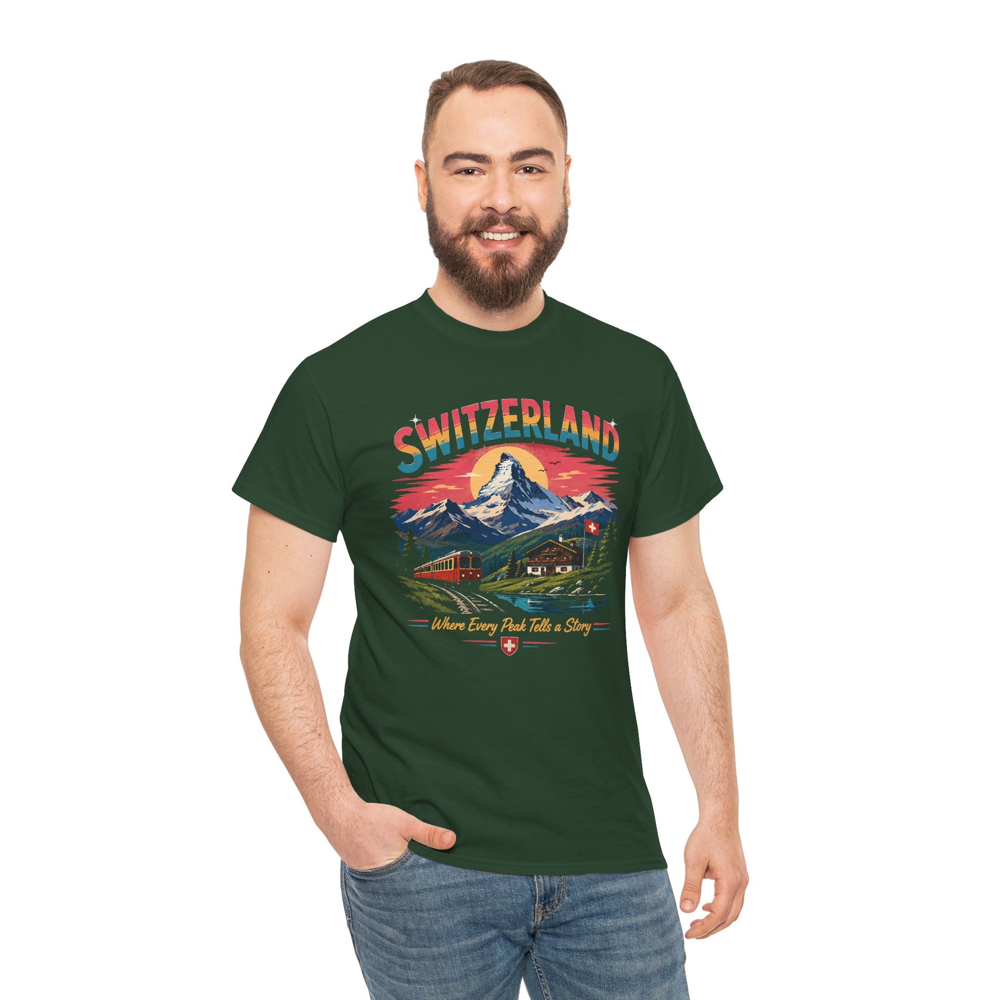 Forest green crew-neck vintage T-shirt with Switzerland mountain scene graphic