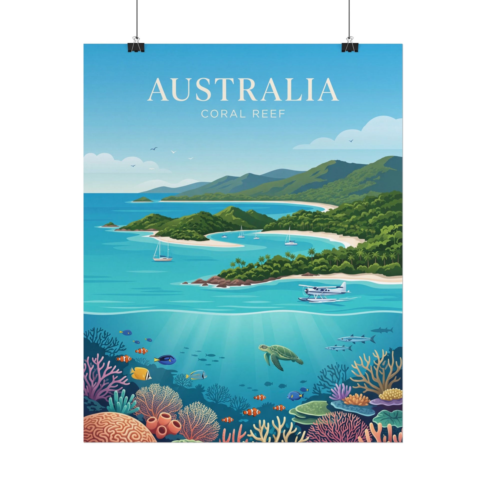 Rolled Australia coral reef poster showing underwater corals, fish, and tropical islands with boats.