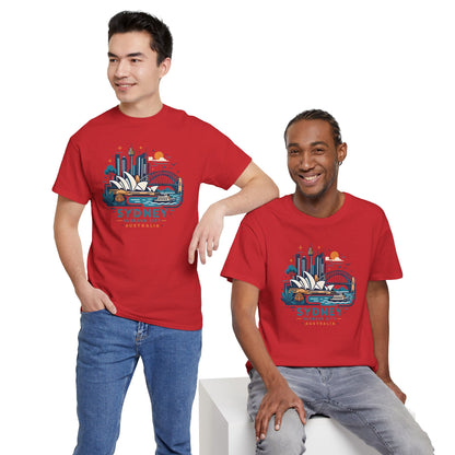 Red Sydney cityscape graphic T-shirt with crew neck and short sleeves