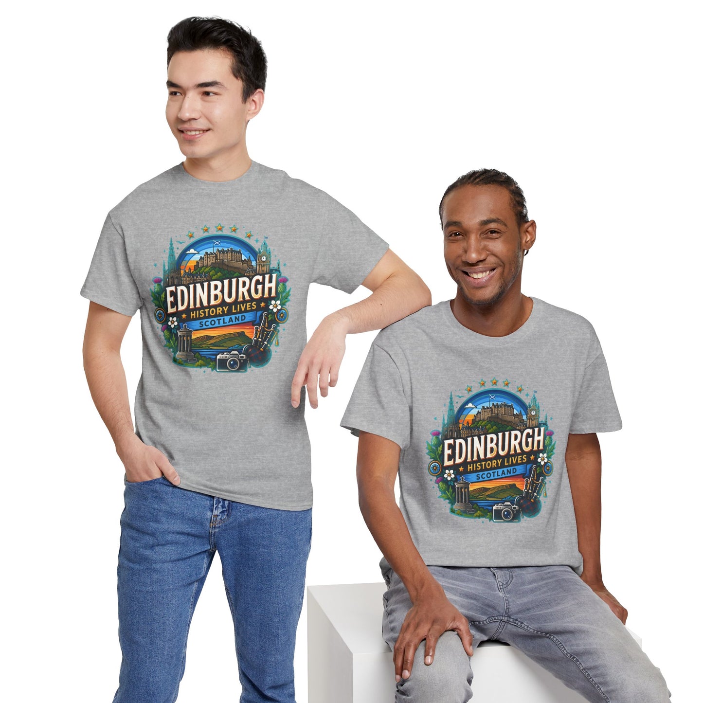 Heather gray crew-neck T-shirt with Edinburgh crest graphic on front