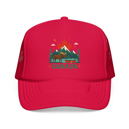 Hot pink Canada moose trucker hat with 'CANADA' front graphic and mesh side panels